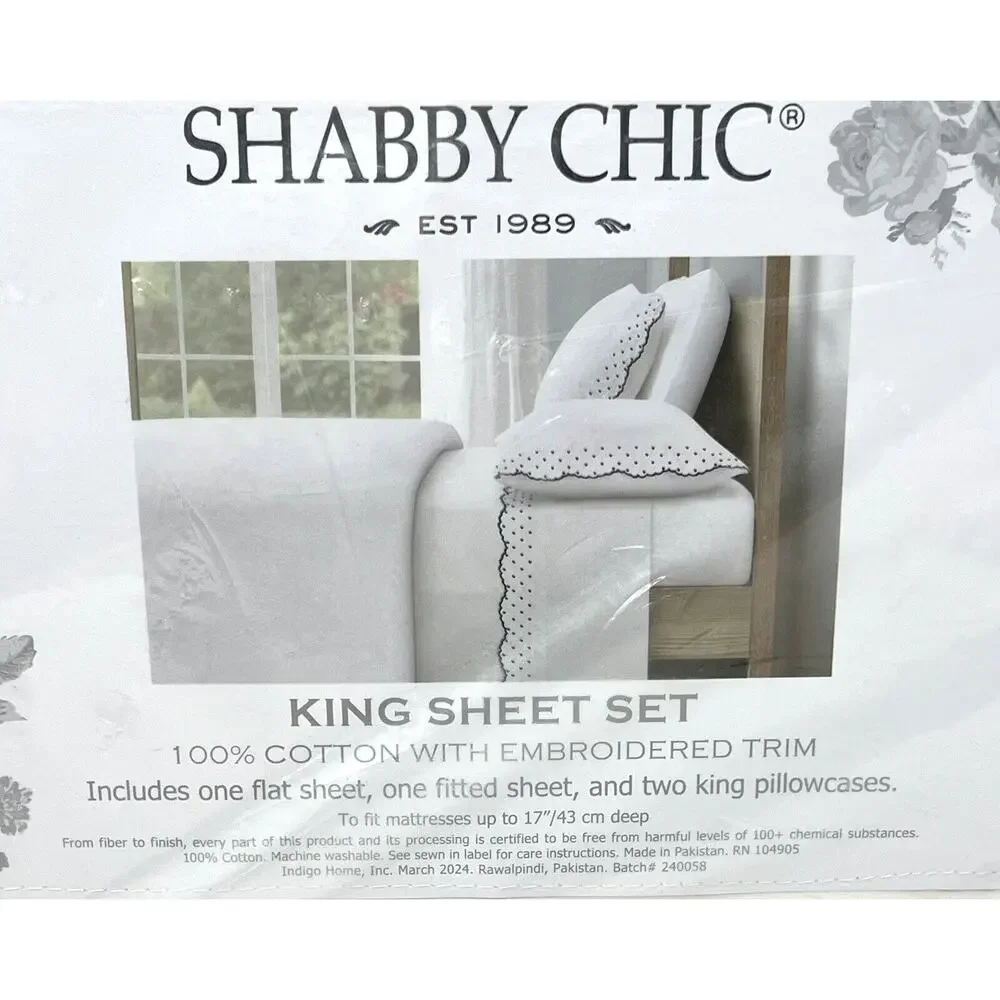Shabby Chic Embroidered King Sheet Set Scallop Dot Navy Blue White 100% Cotton